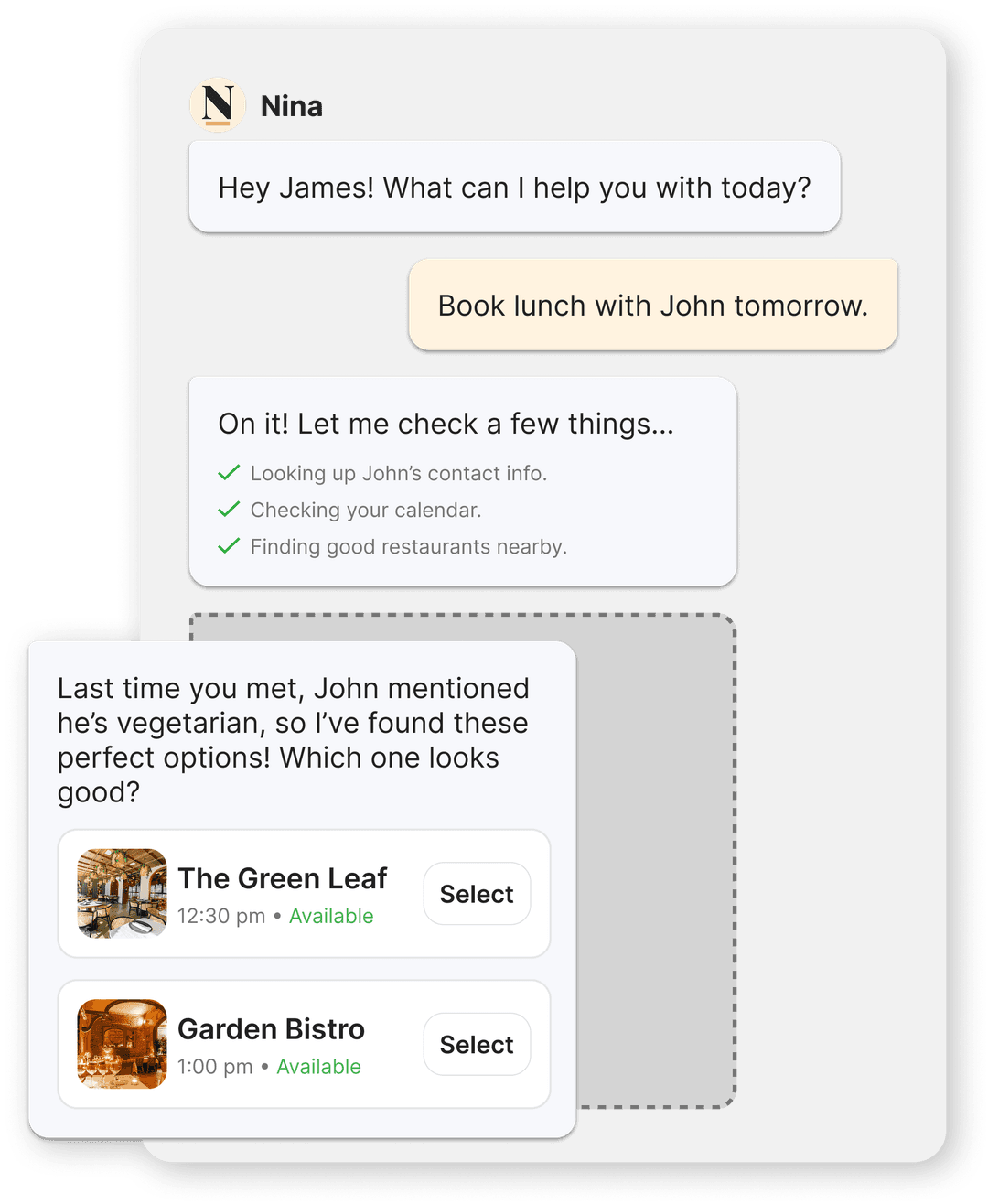 Nina booking lunch with contextual restaurant suggestions